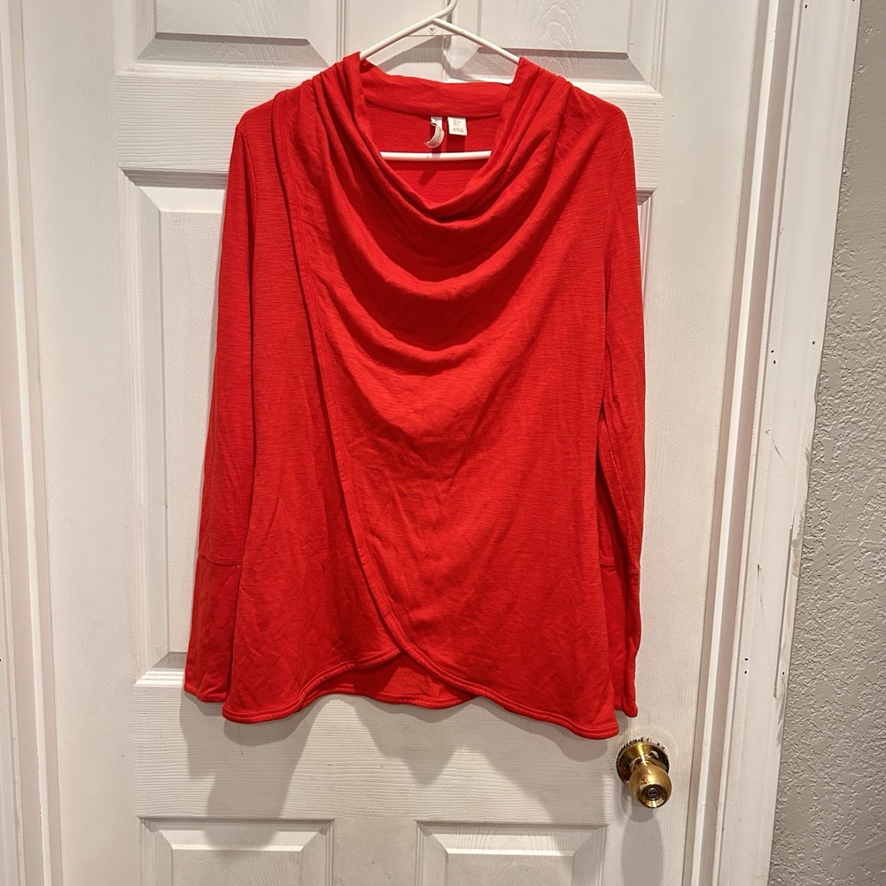 Saint Tropez West Womens Red Cowl Neck Wrap Front Thumbhole Top Large Lagenlook